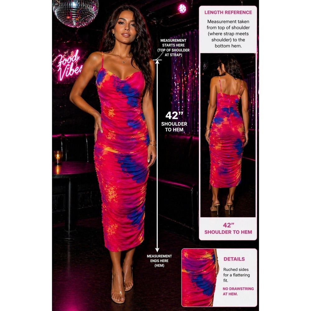 Bar III Ruched Bodycon Mini Dress‎ Medium Neon Tie Dye Spaghetti Strap Club Y2K